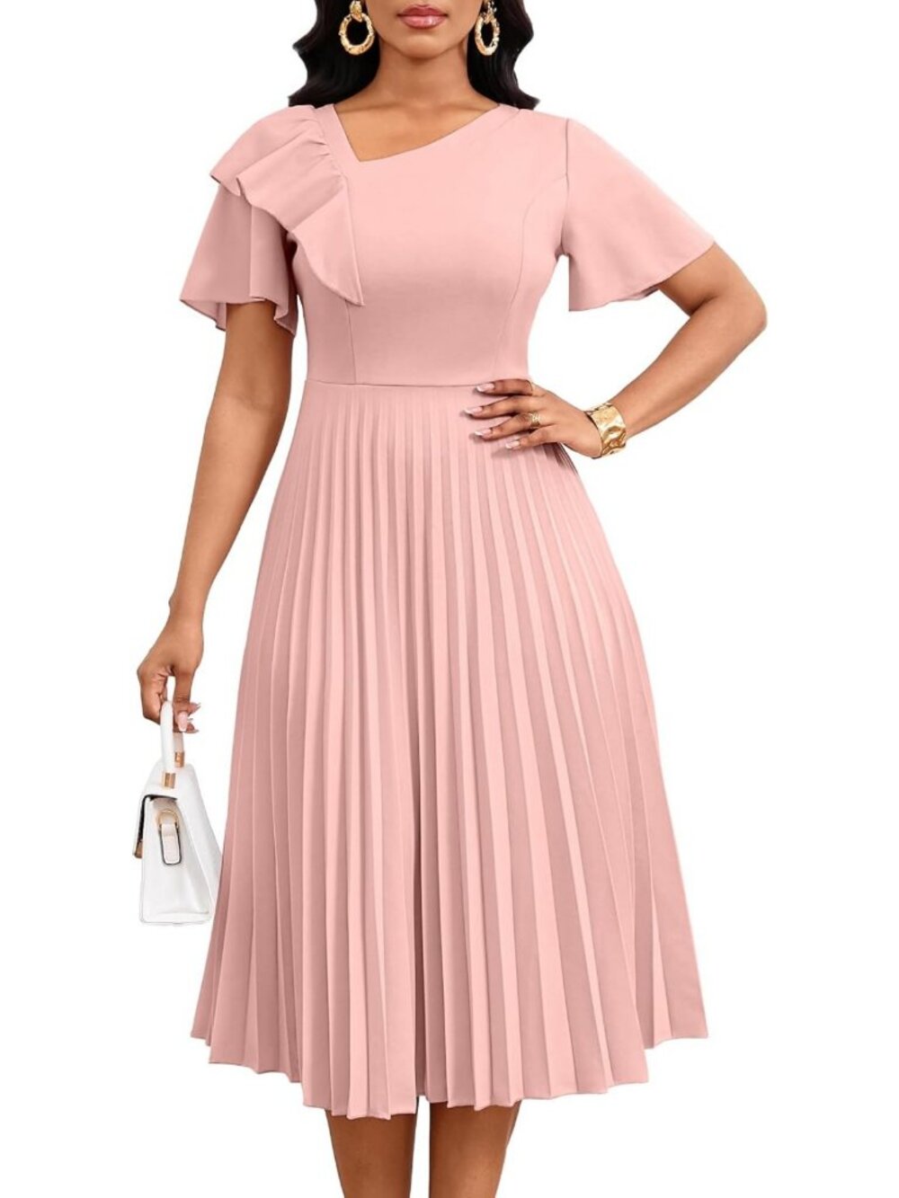 Chic Pleated Midi Dress for Women | Ruffle Short Sleeve A-Line Church Style